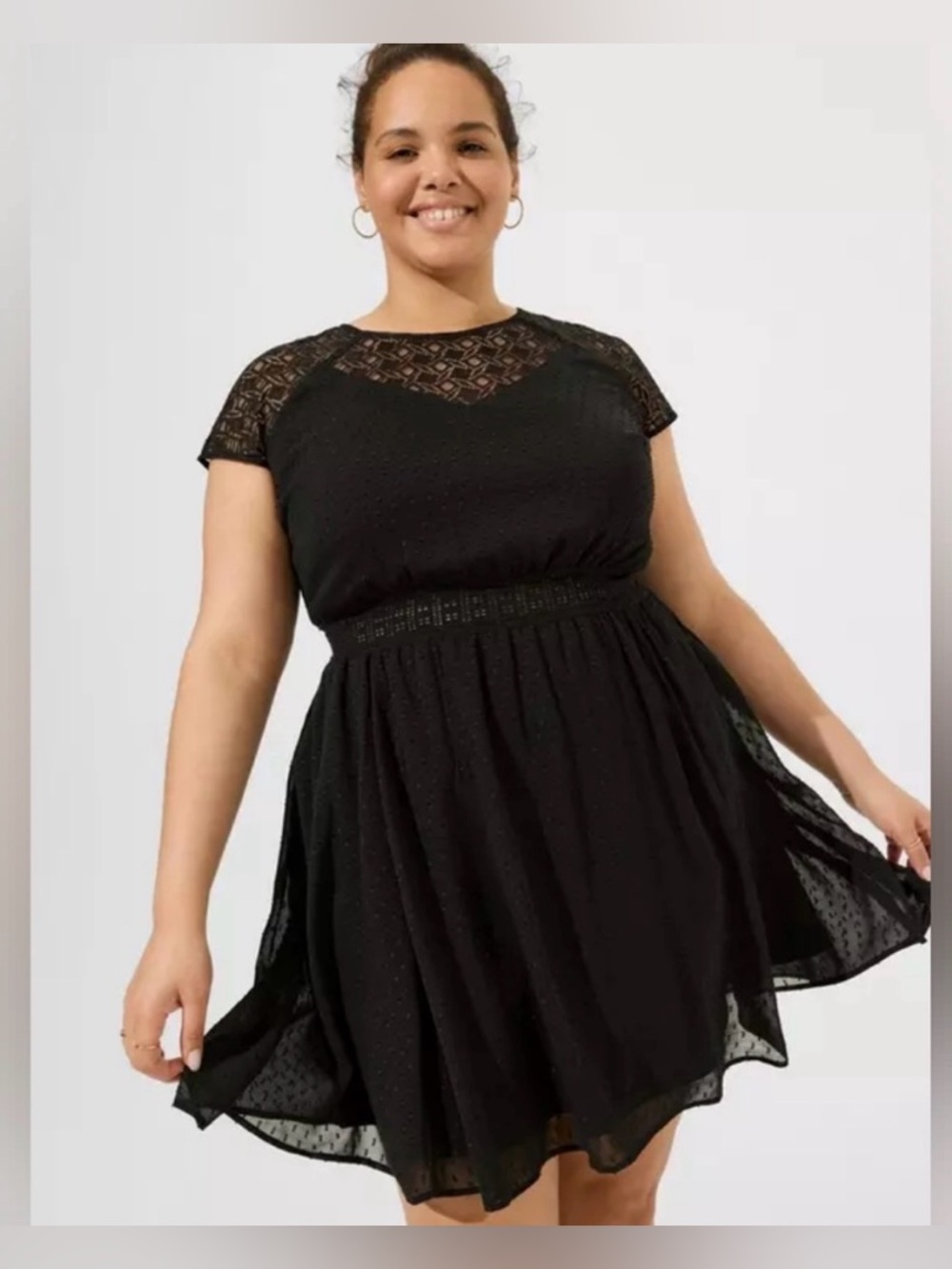 Torrid Black Clip Dot Chiffon Skater Dress Crochet Lace Inset Sz 2 (18/20) NWT